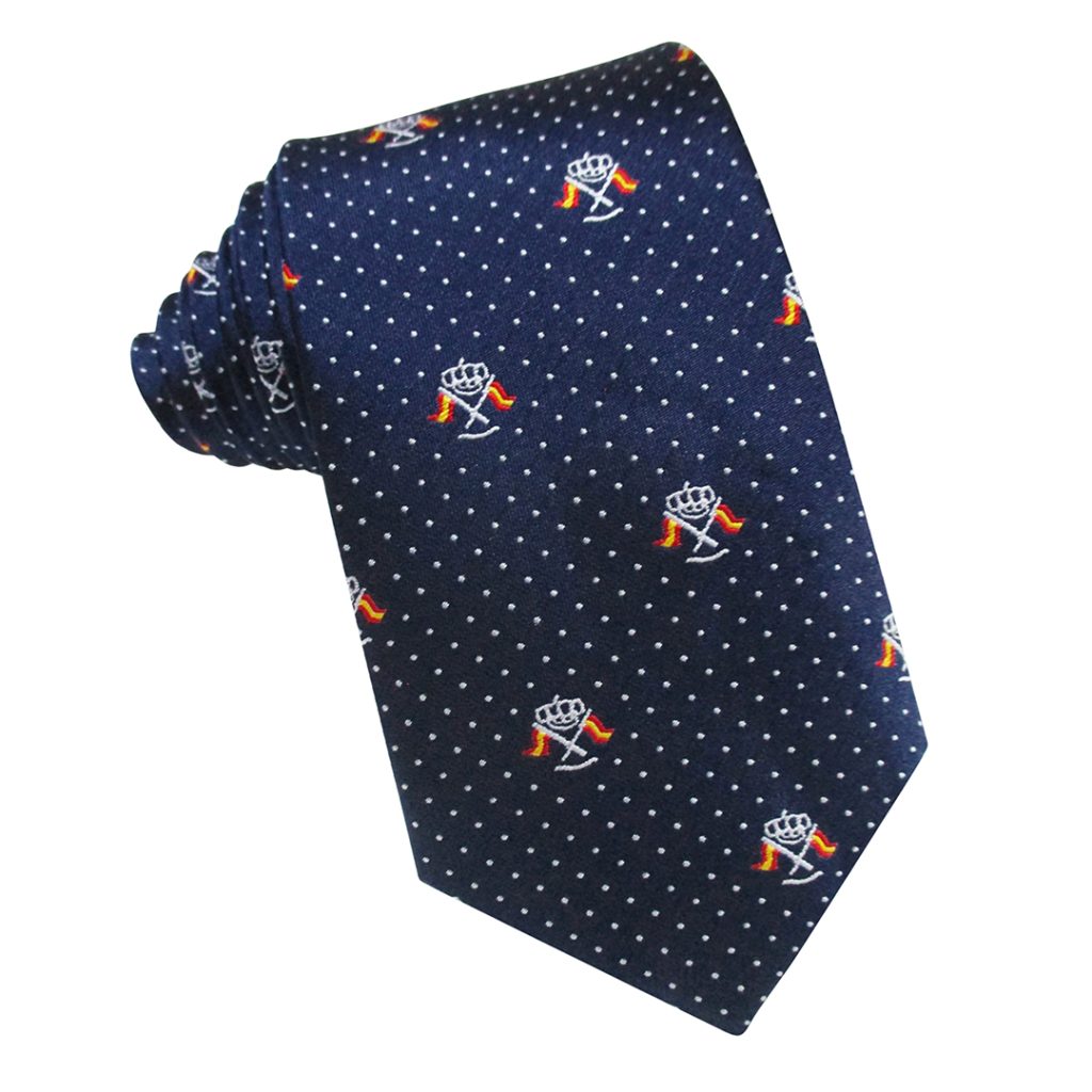 Corbata seda azul marino con banderines náuticos de España y micro topos blancos