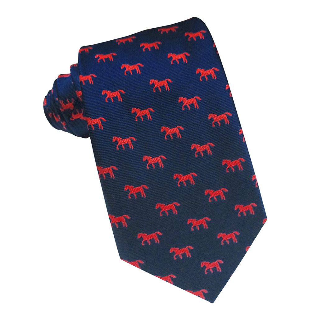 Corbata seda azul marino con estampado de caballos rojos