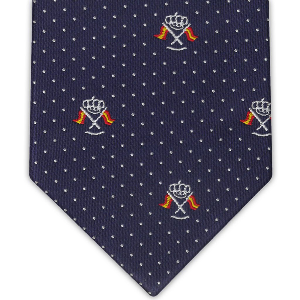 Corbata seda azul marino con banderines náuticos de España y micro topos blancos