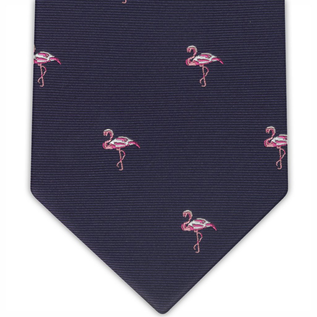 Corbata seda azul marino flamencos en color rosa
