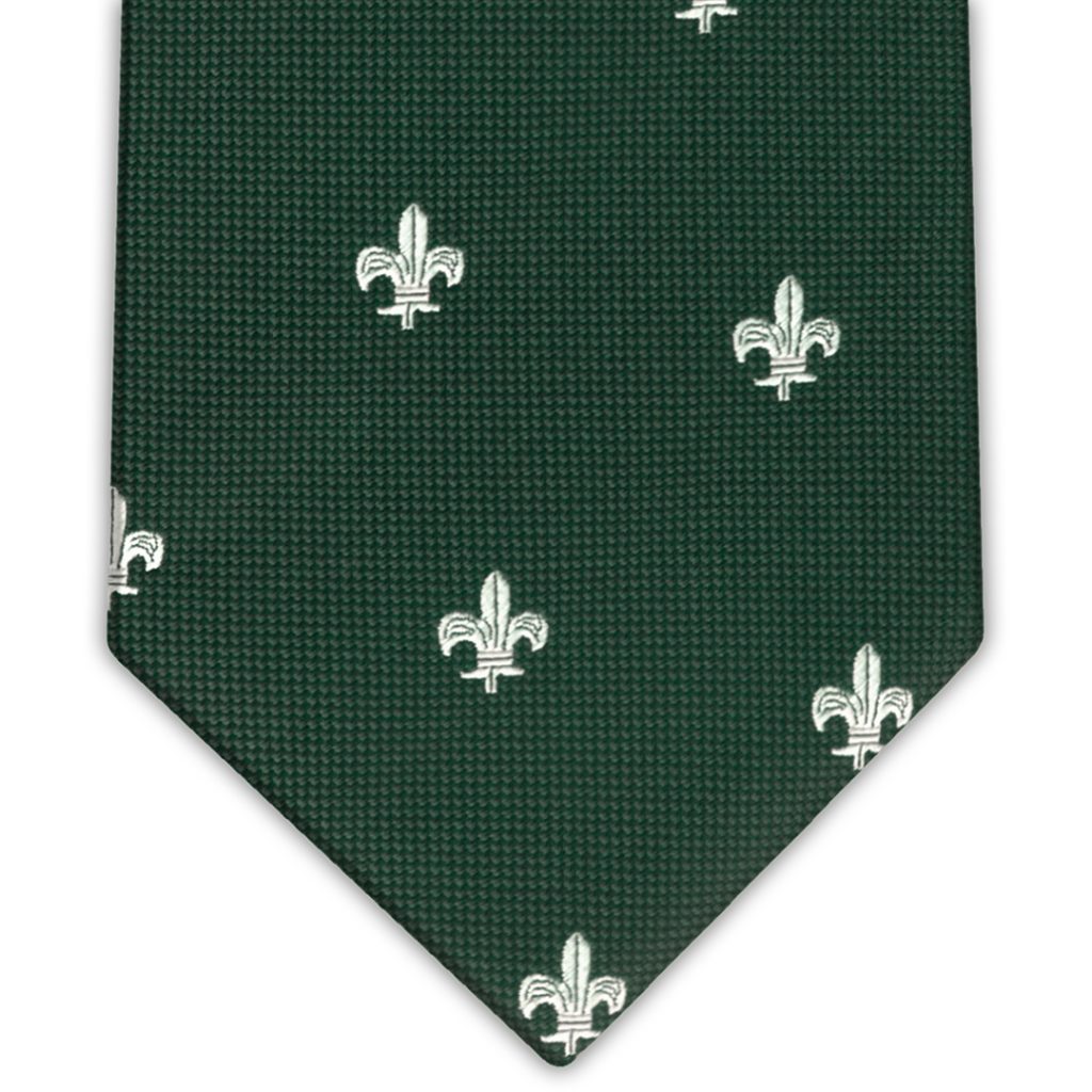 corbata confeccionada en color verde oscuro con diseño de flor de lis blancas