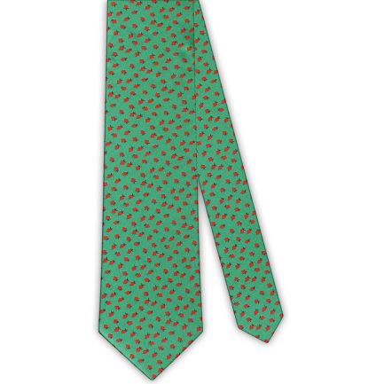 Corbata Seda Verde Pequeña Fresas Rojas
