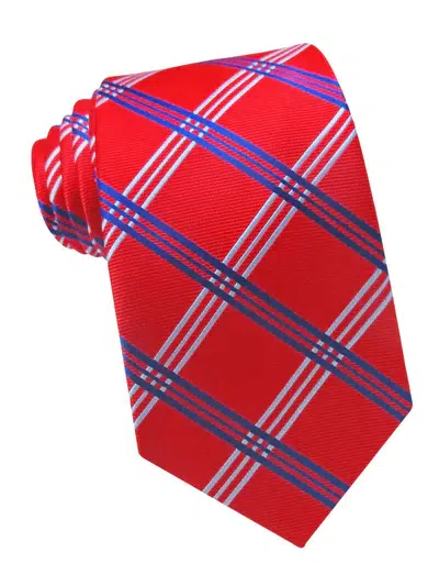 Corbata de seda roja con rayas blancas y azules